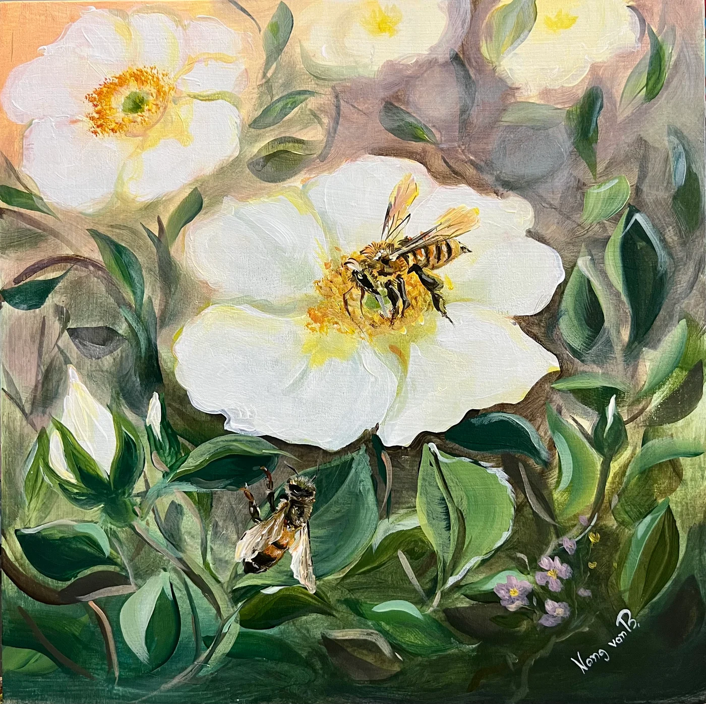 Nong’s acrylic painting of white flowers and green leaves